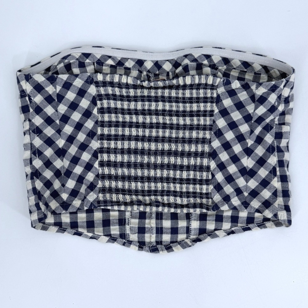 Free People Blue Gingham Crop Leilani Tube Top XS 100% Cotton Summer Smocked - Picture 5 of 7
